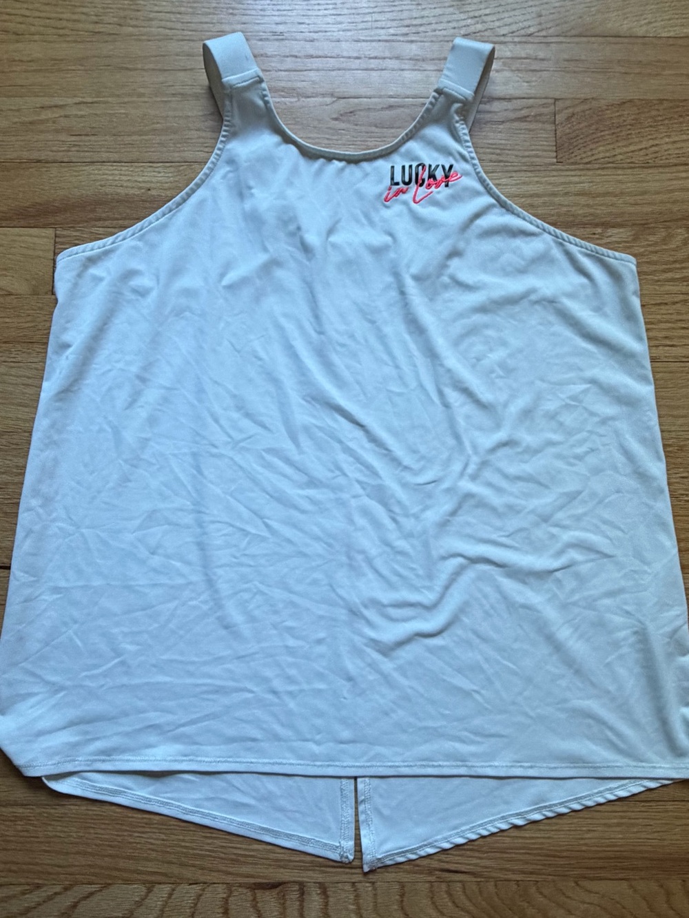 Lucky in Love Brand White Sports Top with Pink Script and open back